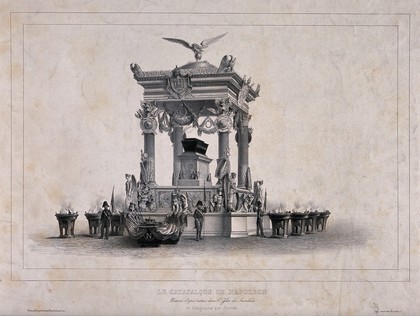 The catafalque of Napoleon Bonaparte in Paris. Lithograph by J. Arnout.