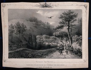 view Visitors in the park near the tomb of Napoleon Bonaparte in St. Helena. Lithograph by V.J. Adam and J. Arnout.