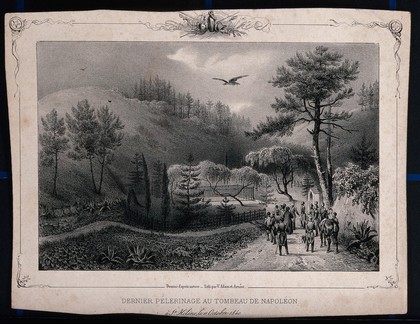 Visitors in the park near the tomb of Napoleon Bonaparte in St. Helena. Lithograph by V.J. Adam and J. Arnout.