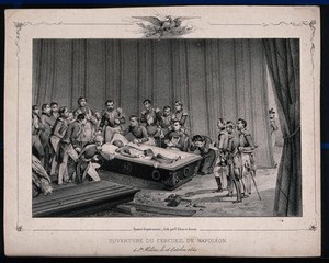 view Clerics and military men surrounding the open coffin of Napoleon Bonaparte. Lithograph by J. Arnout after V.J. Adam.
