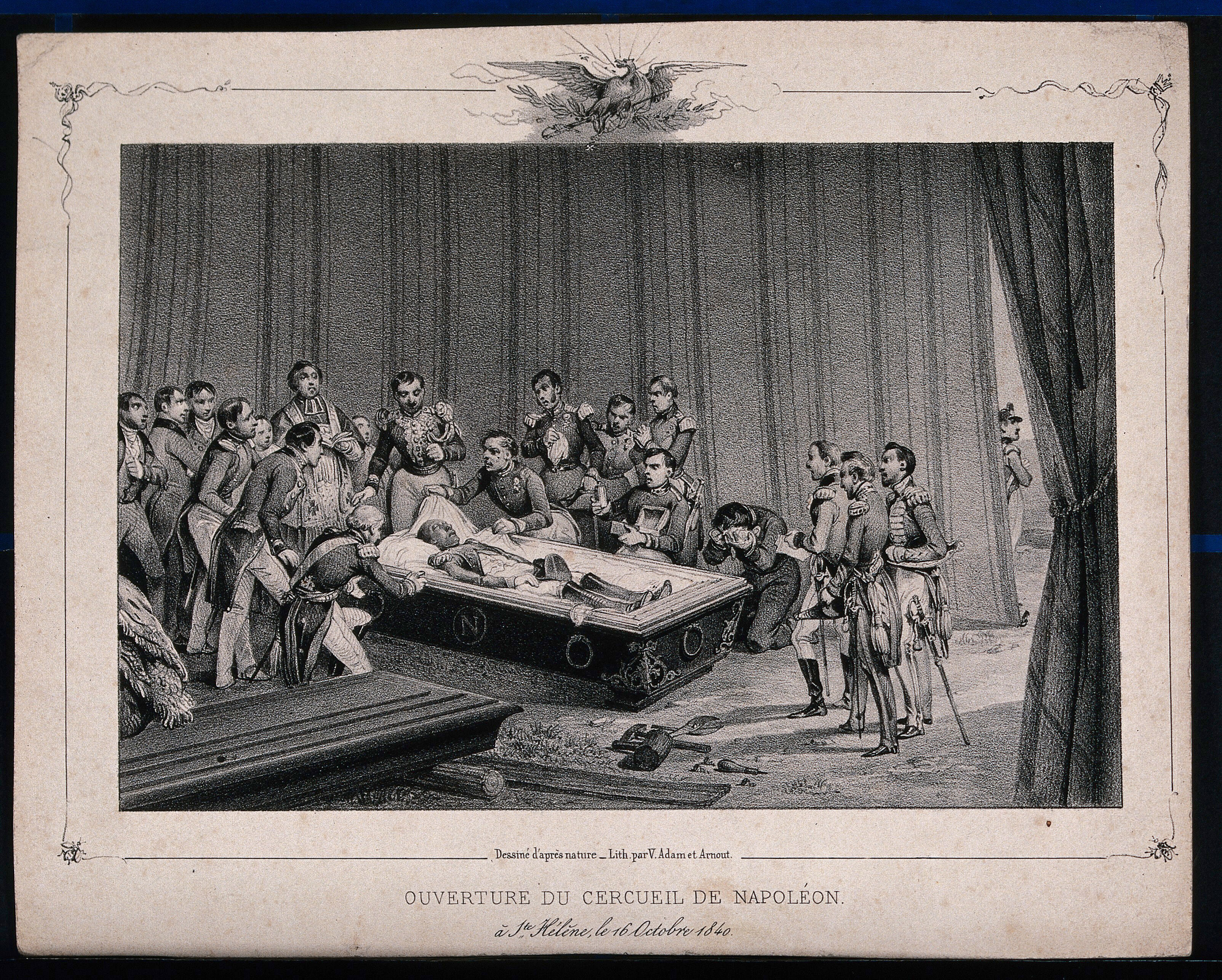 Clerics military surrounding the open coffin of Napoleon Bonaparte. by J. Arnout after V.J. Adam. | Wellcome Collection