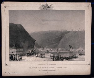 view The body of Napoleon Bonaparte is transported from the island St. Helena in 1840. Lithograph by J. Arnout after V.J. Adam.