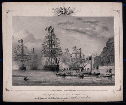 The embarkment of the ship containing the body of Napoleon Bonaparte. Lithograph by J. Arnout after V.J. Adam.