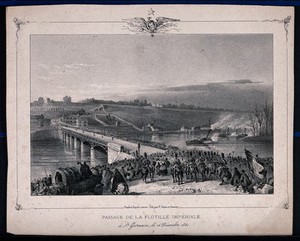 view The Imperial flotilla passing a large crowd of onlookers at a bridge in St. Germain in 1840. Lithograph by J. Arnout after V.J. Adam.