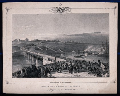 The Imperial flotilla passing a large crowd of onlookers at a bridge in St. Germain in 1840. Lithograph by J. Arnout after V.J. Adam.