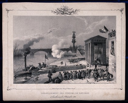 The arrival of the ship containing the ashes of Napoleon Bonaparte in Courbevoie in 1840. Lithograph by J. Arnout after V.J. Adam.