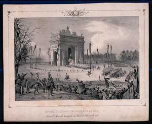 view The convoi containg the remains of Napoleon Bonaparte making a triumphant entry in Paris in 1840. Lithograph by J. Arnout after V.J. Adam.