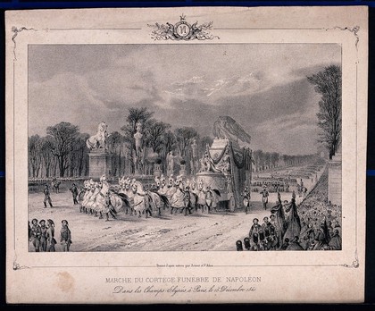 The funeral cortège of the remains of Napoleon Bonaparte in Paris in 1840. Lithograph by J. Arnout after V.J. Adam.