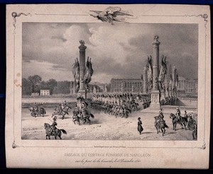 view The funeral cortège of the remains of Napoleon Bonaparte passing a bridge in Paris in 1840. Lithograph by J. Arnout after V.J. Adam.