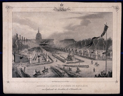 The arrival of the funeral cortège of the remains of Napoleon Bonaparte in the esplanade des Invalides in Paris in 1840. Lithograph by J. Arnout after V. Adam.