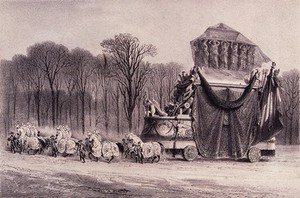 view The hearse carrying the remains of Napoleon Bonaparte. Lithograph by J. Arnout after V. Adam.