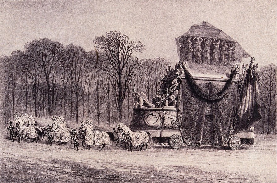 The hearse carrying the remains of Napoleon Bonaparte. Lithograph by J. Arnout after V. Adam.