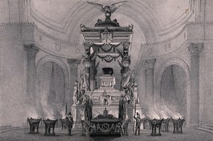 view Catafalque in the temporary chapel in the Eglise des Invalides in Paris housing the remains of Napoleon Bonaparte. Lithograph by J. Arnout.