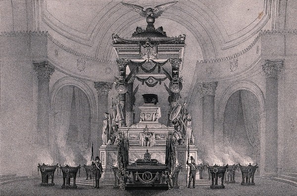 Catafalque in the temporary chapel in the Eglise des Invalides in Paris housing the remains of Napoleon Bonaparte. Lithograph by J. Arnout.