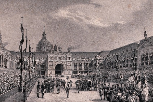 Reception of the remains of Napoleon Bonaparte outside the Eglise des Invalides in Paris. Lithograph by J. Arnout.