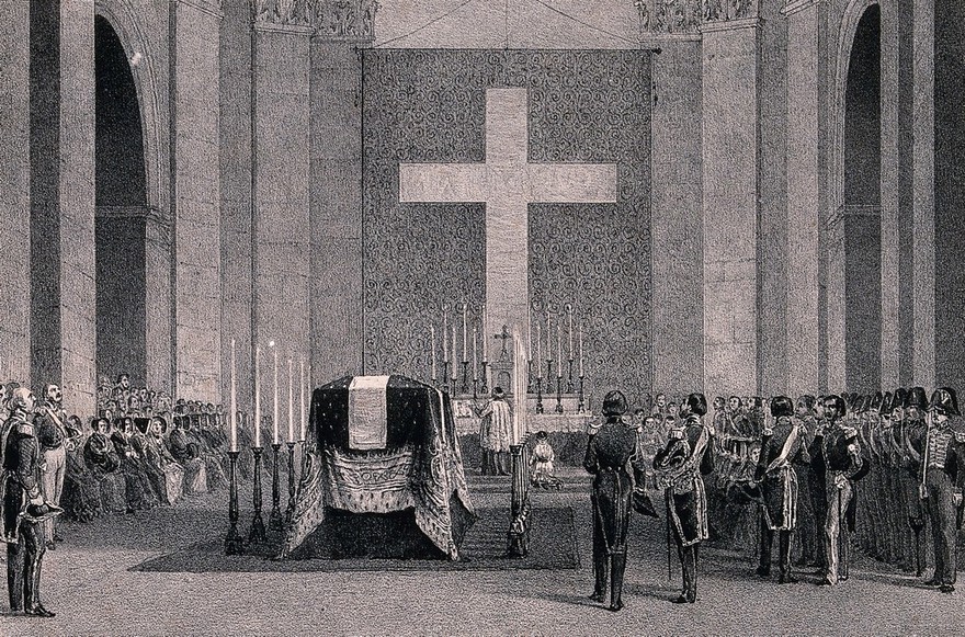 Ceremony around the coffin containing the remains of Napoleon Bonaparte in the Chapel of St. Jerome in Paris. Lithograph by J. Arnout.