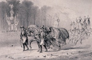 view Napoleon's battle-horse being lead by soldiers in the funeral courtège of Napoleon Bonaparte. Lithograph by V.J. Adam, 1841.