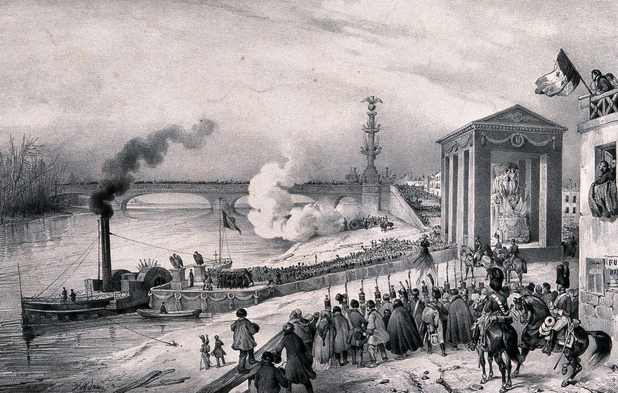 The ashes of Napoleon Bonaparte arriving by ship on French soil. Lithograph by V. Adam.