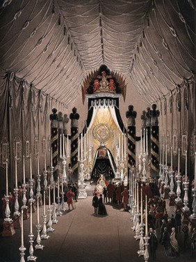 The Duke of Wellington lying in state at Chelsea Hospital, 1852. Colour lithograph by W. Simpson after L. Haghe, 1852.