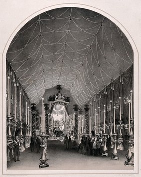 The body of the Duke of Wellington lying in state in Chelsea Hospital, London, in 1852. Lithograph by A. Maclure.