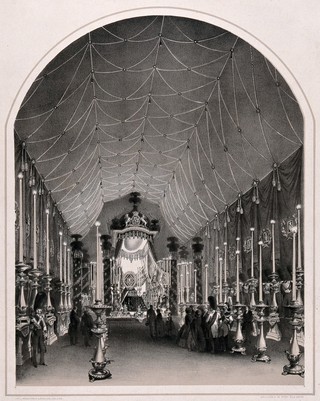 The body of the Duke of Wellington lying in state in Chelsea Hospital, London, in 1852. Lithograph by A. Maclure.