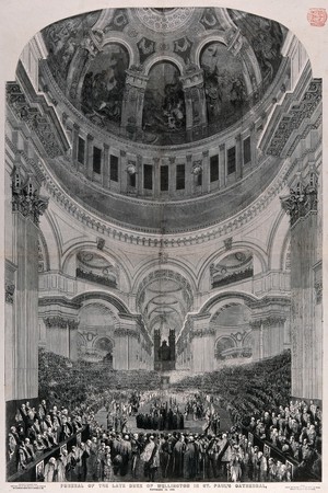 view The funeral of the Duke of Wellington in St. Paul's Cathedral in 1852. Wood engraving by J.L. Williams, 1852.