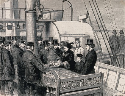 A delegation laying a wreath on the coffin of David Livingstone after its arrival in Southampton. Wood engraving by H. Harral after G. Durand.