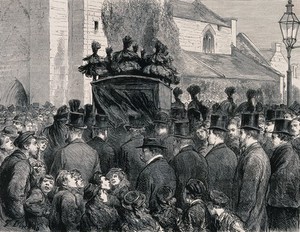 view The procession following the coffin of David Livingstone in Southampton in 1873. Wood engraving by G. Durand.