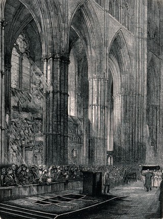 The grave of David Livingstone in Westminster Abbey. Wood engraving by H. Harral.