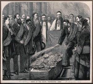 view Interment at Westminster Abbey of the coffin of David Livingstone. Wood engraving by J. Nash.