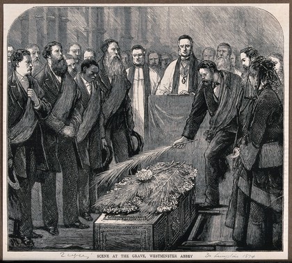 Interment at Westminster Abbey of the coffin of David Livingstone. Wood engraving by J. Nash.