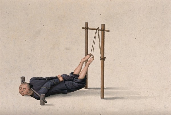 A Chinese man confined to a contraption which ties his legs on to a wooden gallows whilst pinning his head firmly to the ground. Watercolour drawing.