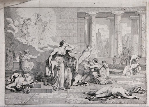 Niobe grieving over the loss of her fourteen children whilst holding some of their limpid and dead bodies. Etching by B. Pinelli after F. Rehberg, 1810.