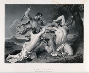 view A fight between two men is interrupted by a woman representing mercy, pleading on behalf of the losing party. Engraving by G.T. Doo, 1848, after W. Etty.