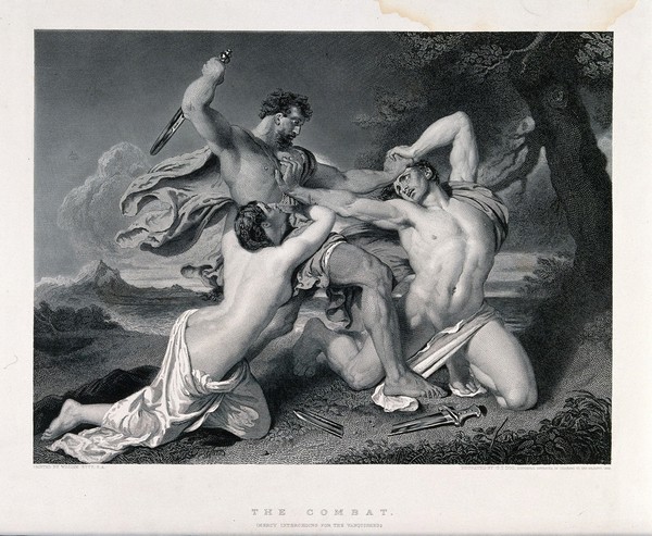 A fight between two men is interrupted by a woman representing mercy, pleading on behalf of the losing party. Engraving by G.T. Doo, 1848, after W. Etty.