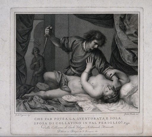 A husband stabbing his naked wife in her sleep while a servant observes him. Line engraving with stipple by G. Tomba after a painting by G. C. Cagnacci, 1801.