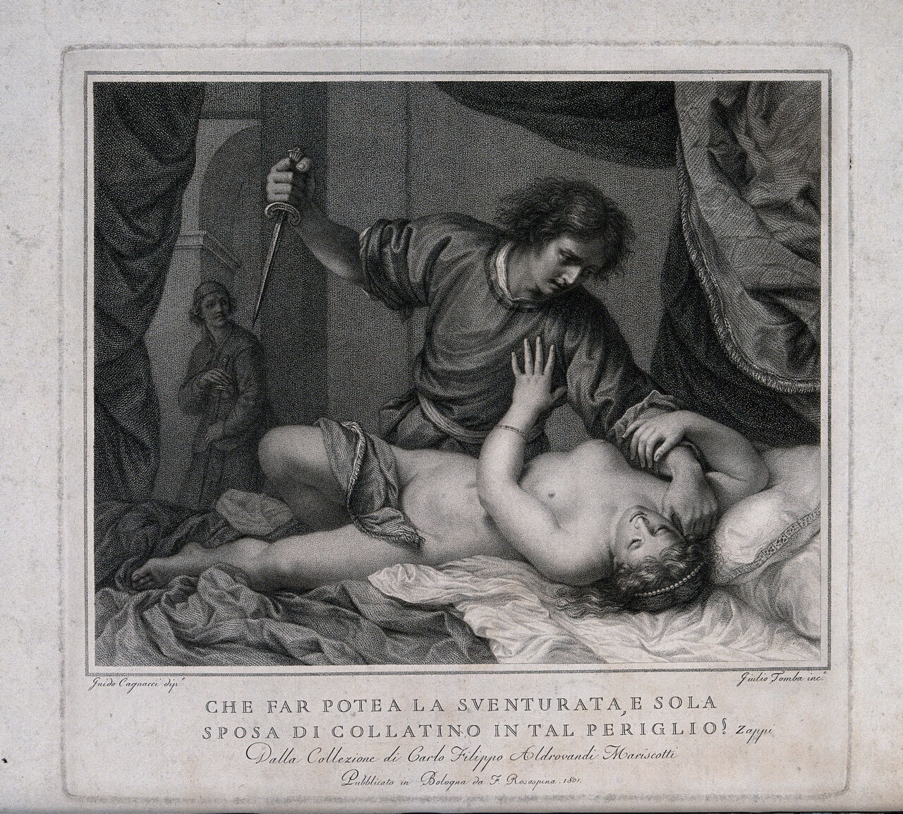 The rape of Lucretia by Tarquin. Line engraving with stipple by G. Tomba after G. Cagnacci, 1801., 1801, by Guido Cagnacci