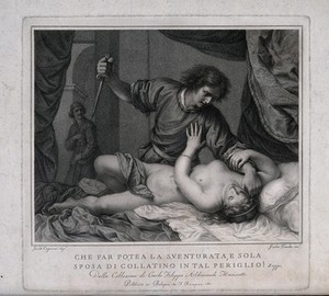 view The rape of Lucretia by Tarquin. Line engraving with stipple by G. Tomba after G. Cagnacci, 1801.