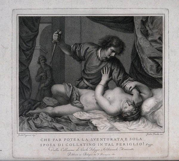 The rape of Lucretia by Tarquin. Line engraving with stipple by G. Tomba after G. Cagnacci, 1801.