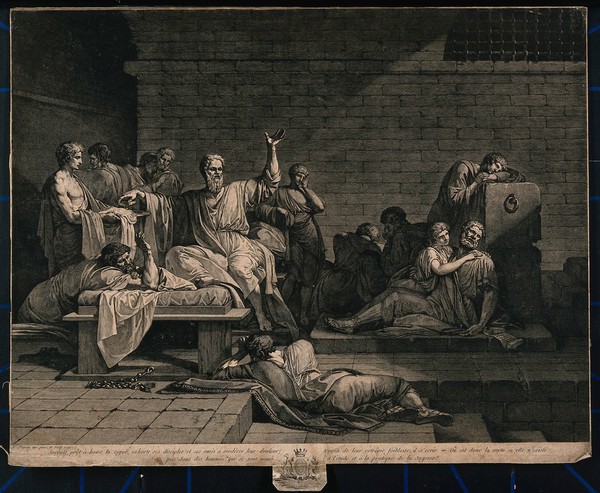 Socrates, preparing to kill himself, urges his grieving friends and students to moderate their grief. Engraving by J.F.P. Peyron, 1790.