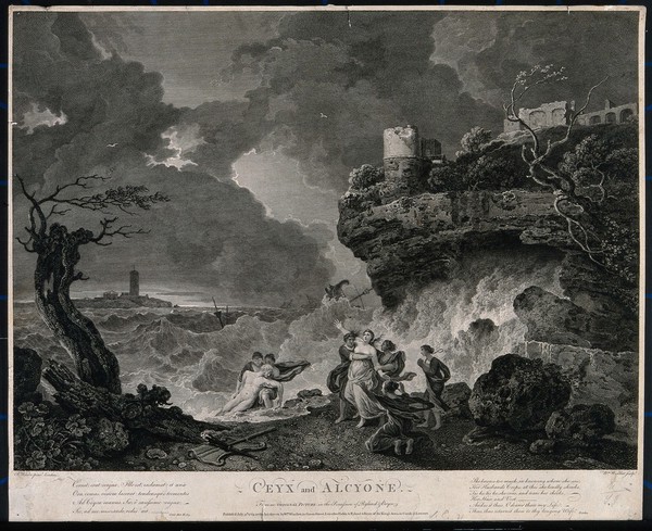 Alcyone discovers the dead body of her husband Ceyx and attempts to throw herself off a cliff into the sea. Line engraving with etching by William Woollett after Richard Wilson, 1769.