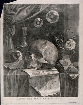 A skull resting on sheet music. Line engraving with etching by J.F. Mutilana.