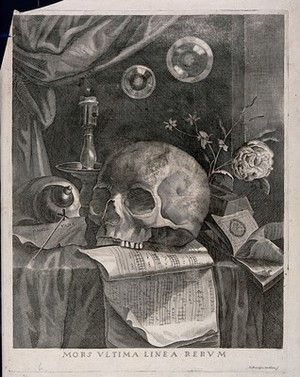 view A skull resting on sheet music. Line engraving with etching by J.F. Mutilana.