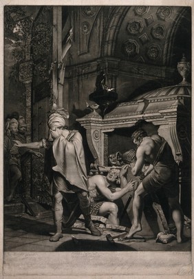 Miravan opening the tomb of his ancestors in search of treasure, discovers that the treasure is not gold but repose. Mezzotint by V. Green after Joseph Wright of Derby, 1772.