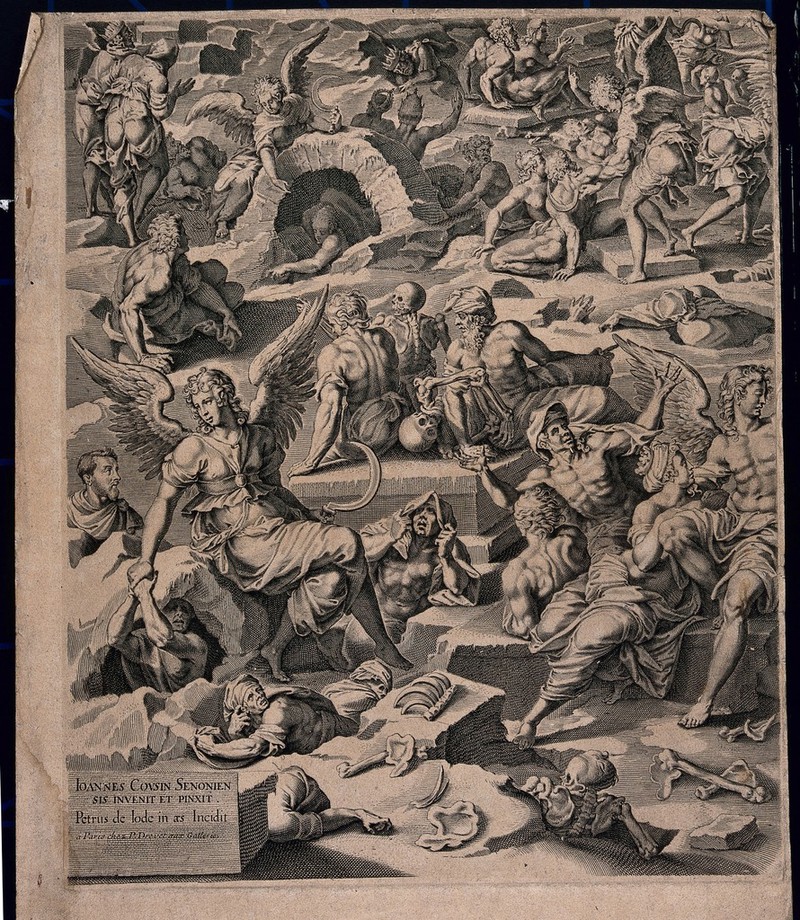 The Last Judgment: the graves open and the dead emerge. Line engraving by P. de Jode the elder, 1615, after Jean Cousin the younger., [between 1726 and 1738], by Jehan Cousin the Younger