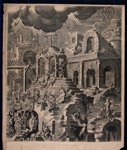 The Last Judgment: the world lies in ruins and sinners in hell are tortured by monstrous devils. Engraving by Petrus de Jode the elder, 1615, after Jean Cousin the younger.