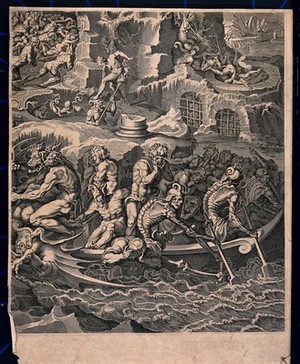 view The Last Judgment: sinners in hell are tortured by monstrous devils as a ferry carries new arrivals to the same fate. Line engraving by Petrus de Jode the elder, 1615, after Jean Cousin the younger.