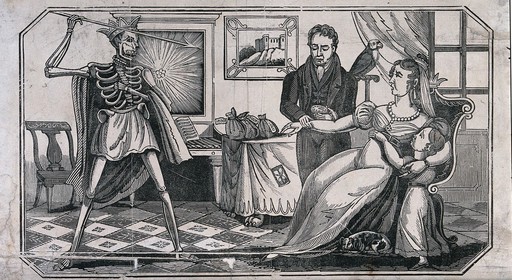 Detail: A lady, who has her pulse taken by a doctor, has an apparition of death, dressed in cloak and crown, throwing a spear at her. Wood engraving.