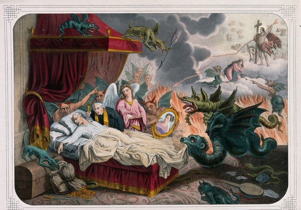 On his deathbed a priest and various monsters try to persuade the sinner to repent. Colour lithograph.