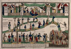 view Pilgrims on the three ways to eternity. Coloured wood engraving by F. Georgin.